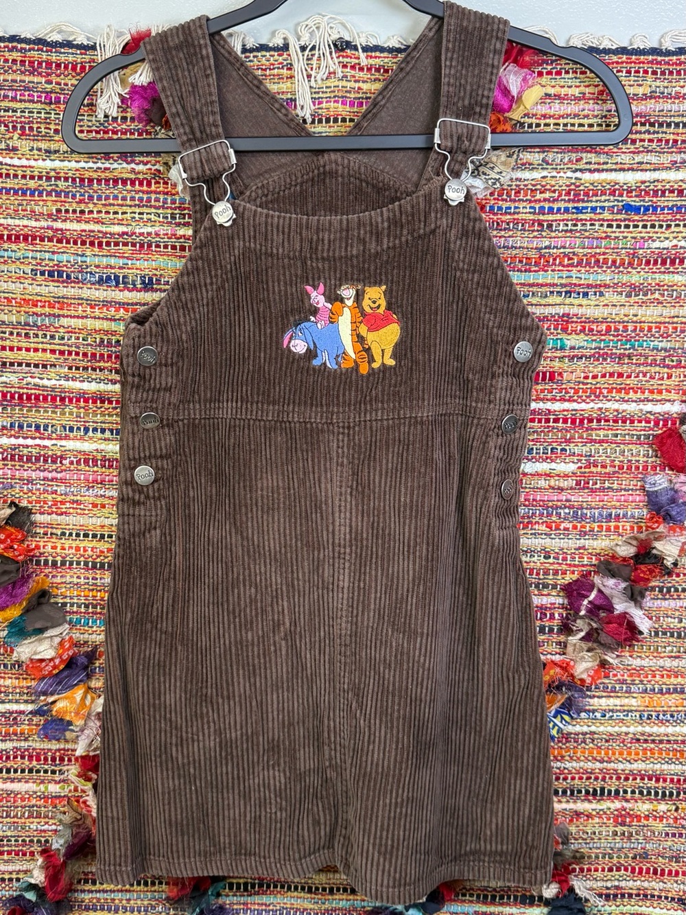 Vintage Kid Disney Corduroy Overall Dress Winnie the Pooh Embroidery 100% Cotton